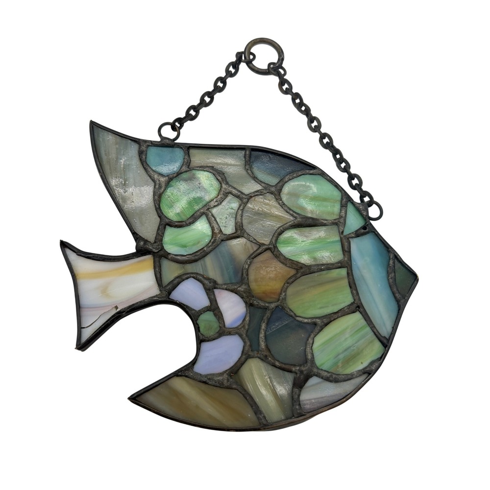 VTG Stained Glass angel Fish Suncatcher Window Hanging Coastal Green Blue